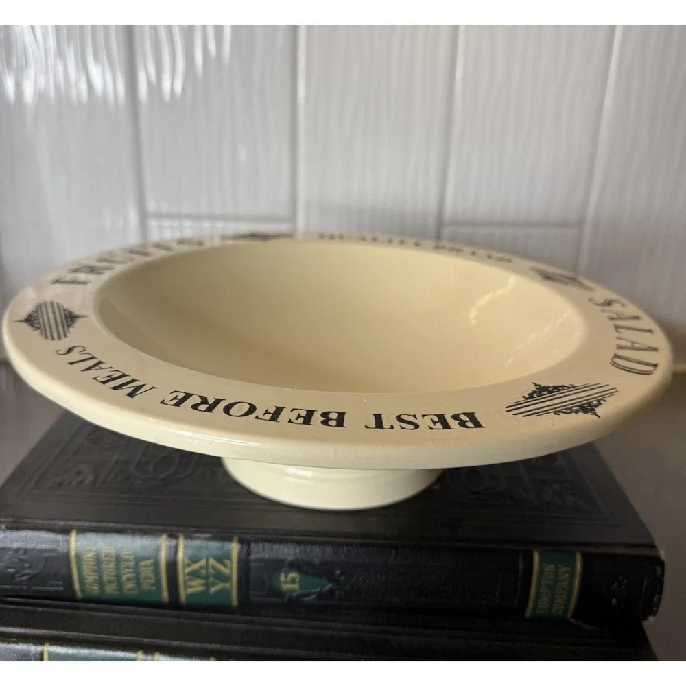 Vintage Style Enamelware Pedestal Fruit Bowl Cream & Black Cottagecore Metal GUC